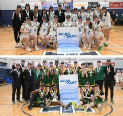 A women's basketball team and a men's basketball team pose with their championship banners