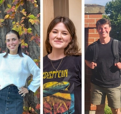 A collage photo with two female students and one male student