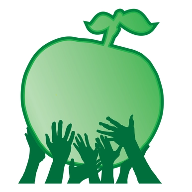 Logo for Greener Village: Graphics of hands holding up apple, in green