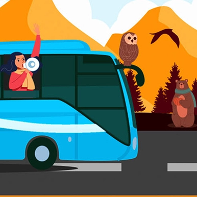 Graphic of person in bus with megaphone and animals on roadside