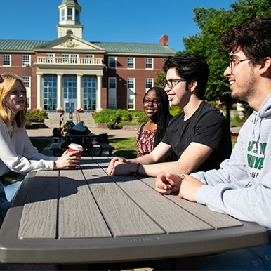 Students sitting and talking at picnic table
