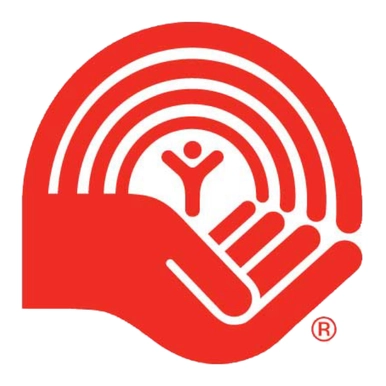 Red hand with a person beneath a rainbow