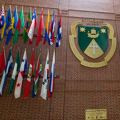 Display of wall of flags and STU logo