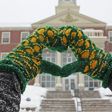 Hands wearing green and gold mittens held together in shape of a heart in front of campus building
