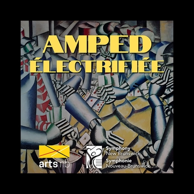 The words AMPED Electric in yellow in front of a colourful background