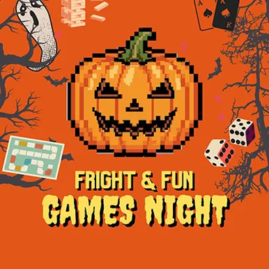Cartoon photo of a pumpkin with Games Night on it