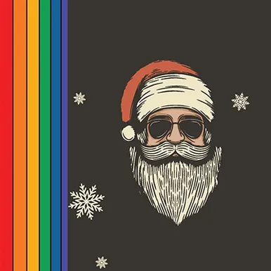 Santa next to a rainbow