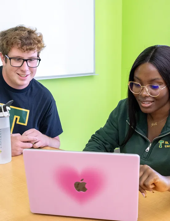 A male and female student sit together looking at a laptop in a seminar room on campus