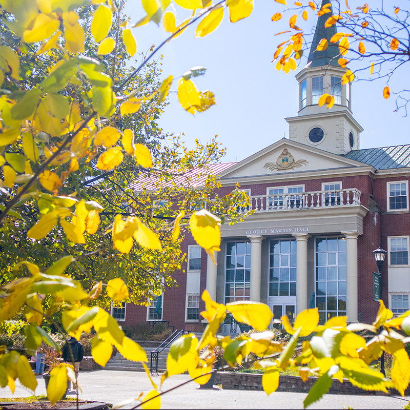 George Martin Hall with yellow leaves in the foreground