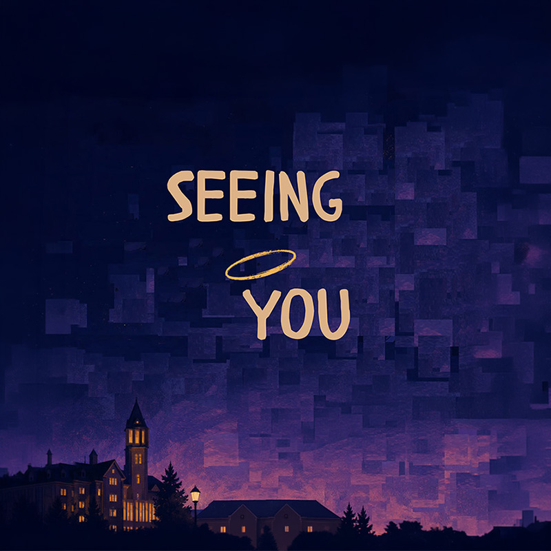 a painted city scape underneath an indigo night sky with the words 