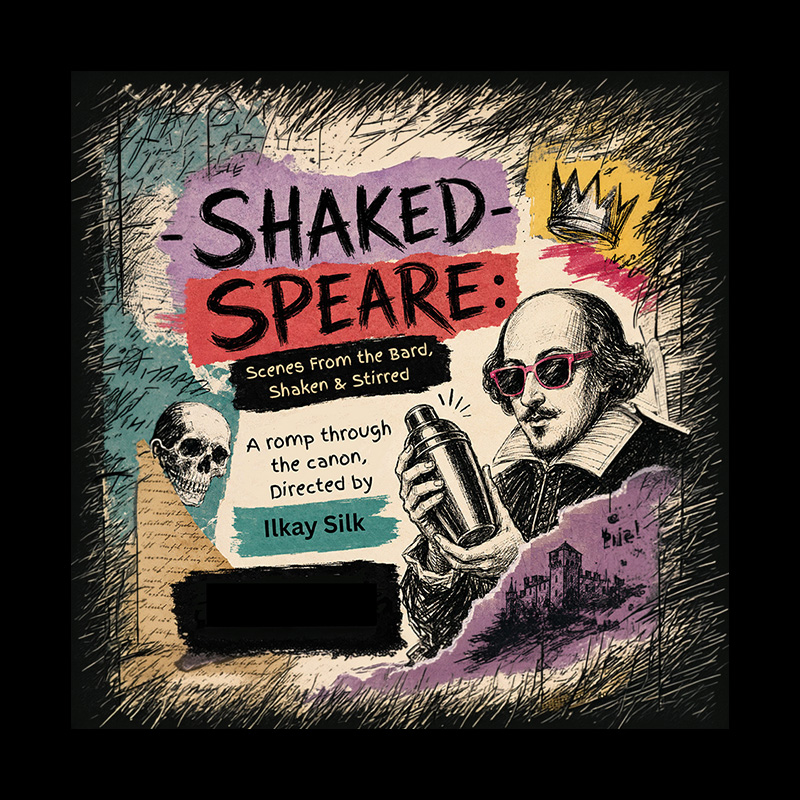 A poster with a drawing of William Shakespeare wearing sunglasses while shaking a cocktail mixer