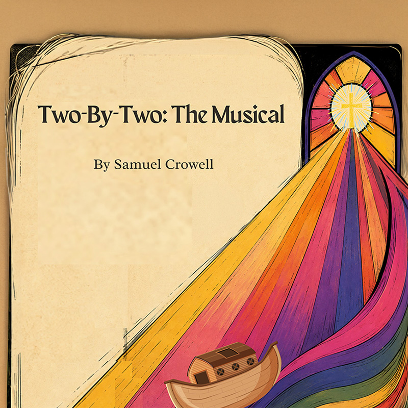 A poster with a rainbow flowing from a stained glass window. An arch floats along the rainbow.