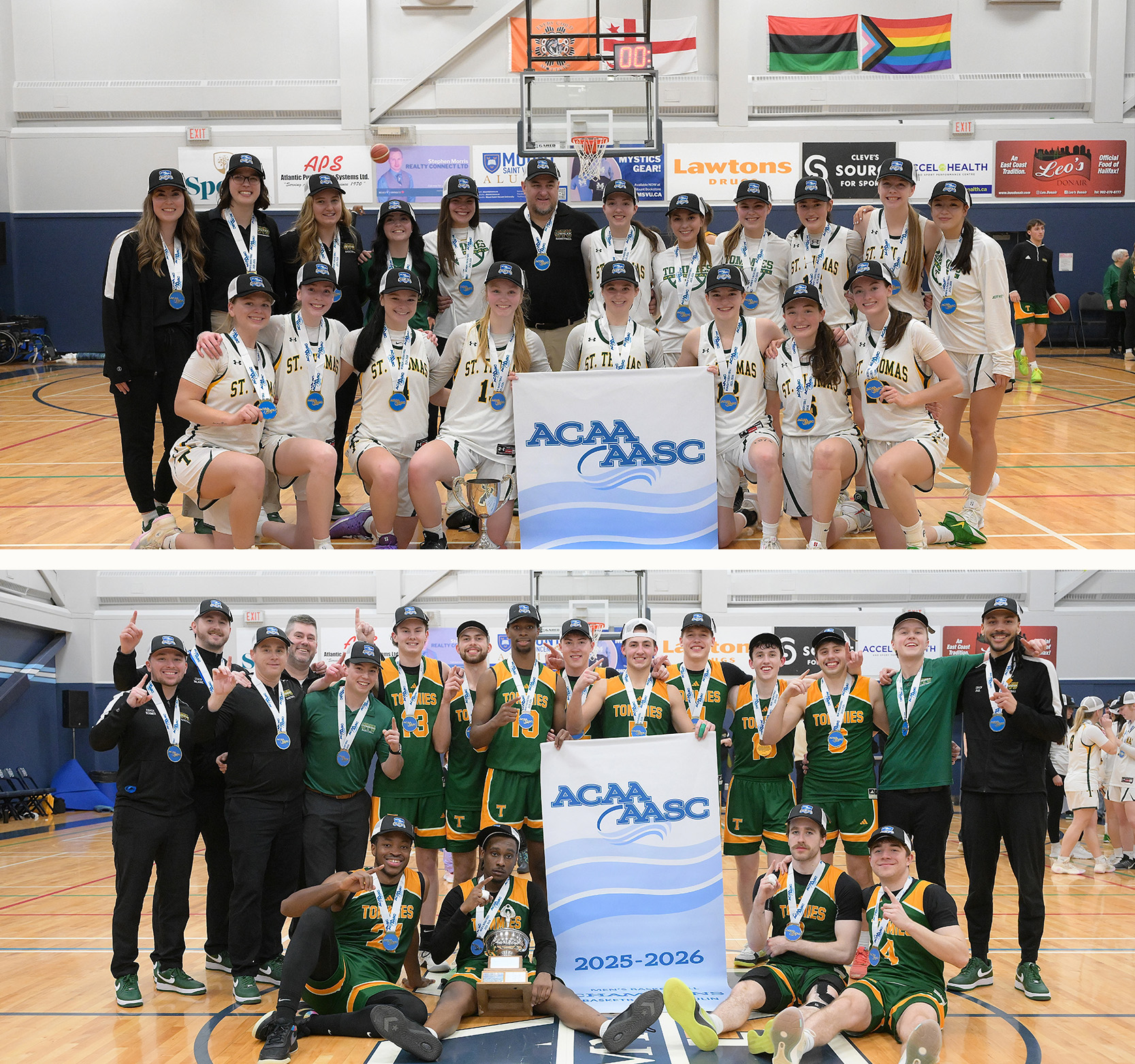 Two basketball teams — one male and one female — post with their championship banners and trophies at centre court