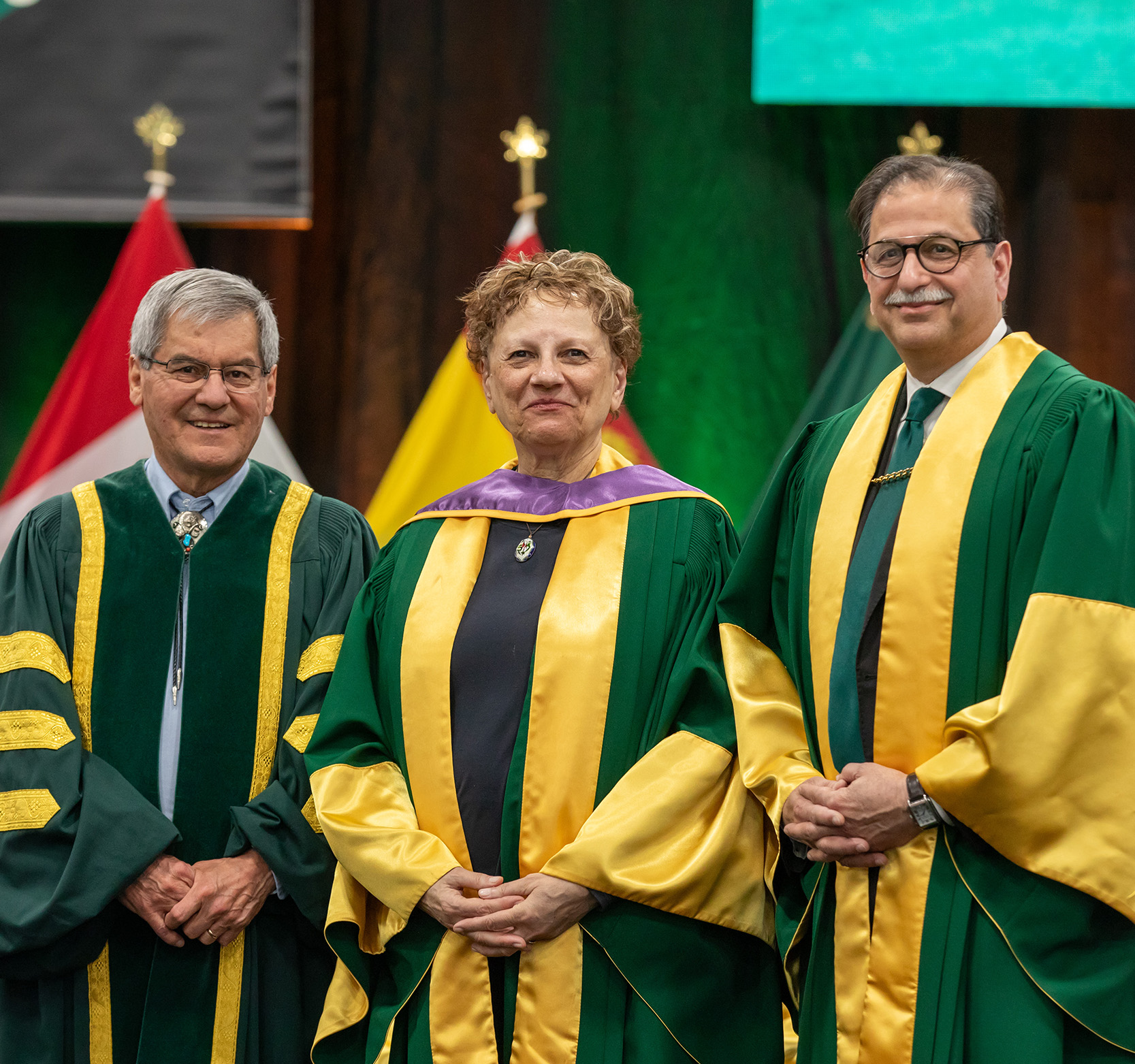 91̽ Chancellor the Hon. Graydon Nicholas stands with Honorary Degree Recipient Ilkay Silk and President Dr. Nauman Farooqi at Spring Convocation