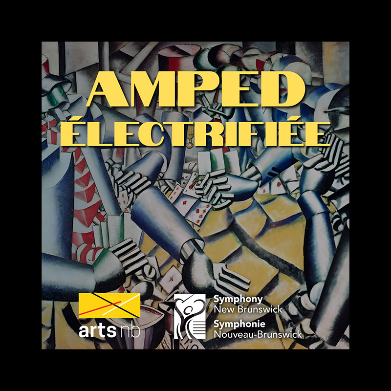 The words AMPED Electric in yellow in front of a colourful background
