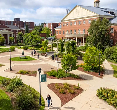 A photo of upper campus, featuring Brian Mulroney Hall and the Pergola
