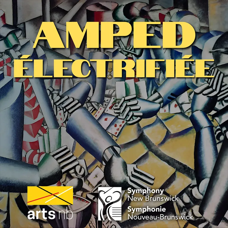 The words AMPED Electric in yellow in front of a colourful background