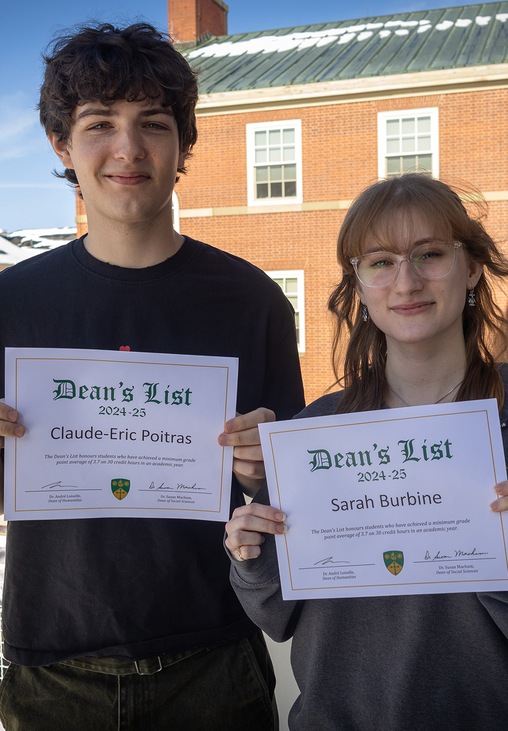 Claude-Eric Poitras and Sarah Burbine holding their Deans' List certificates