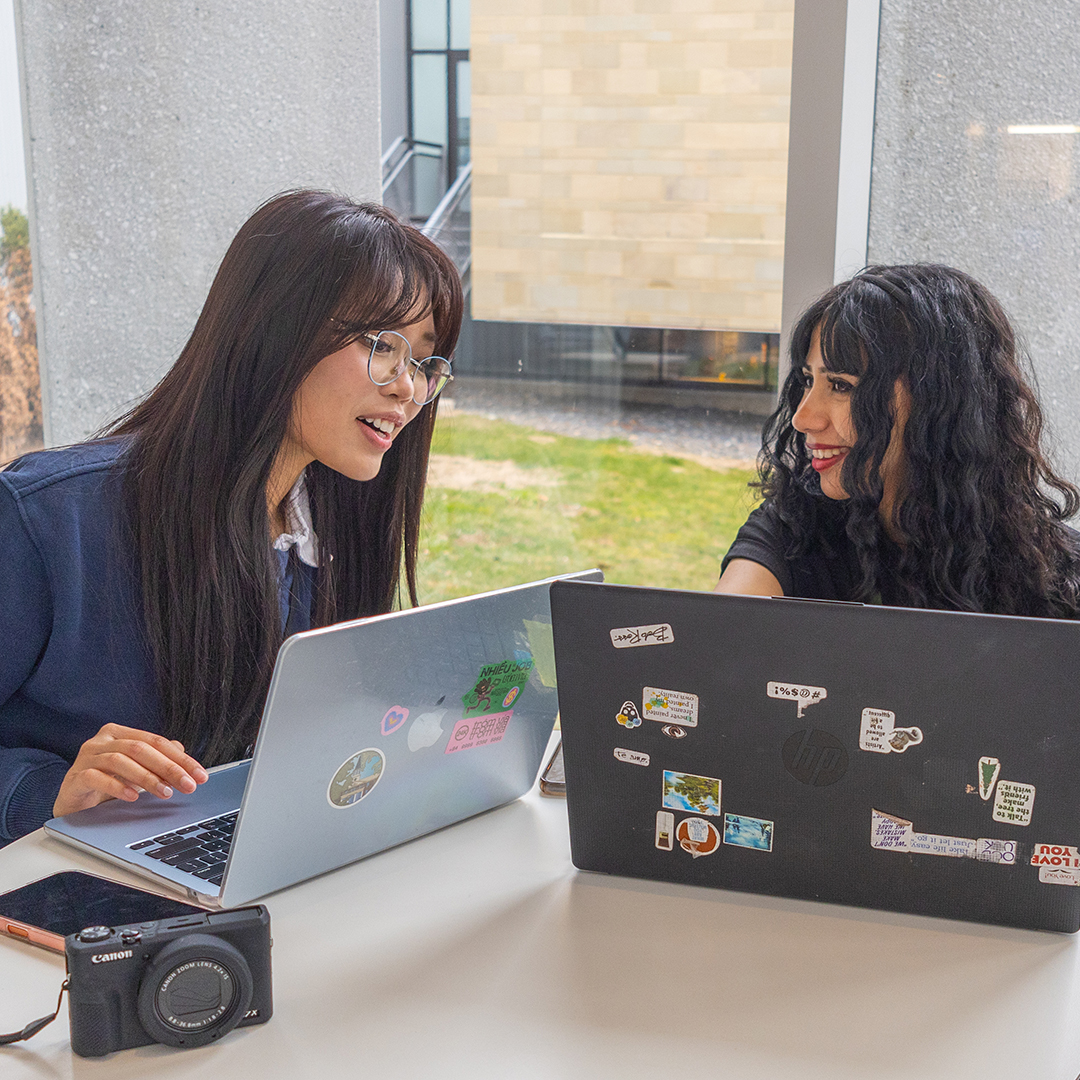 Two Internship students working on their computers together.