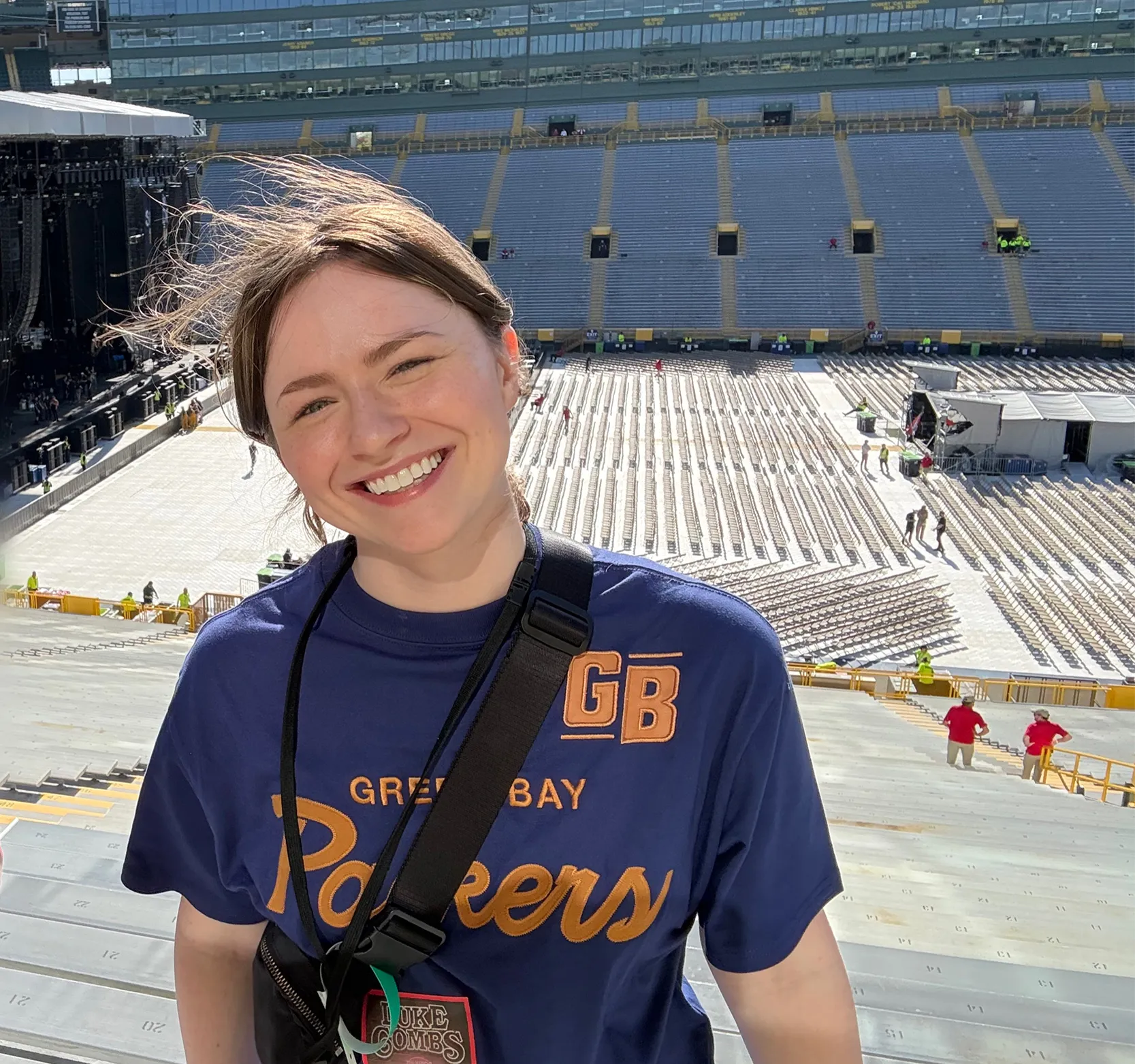 Jessica Giaccone wearing a Green Bay Packers T-Shirt at the Lambeau Stadium